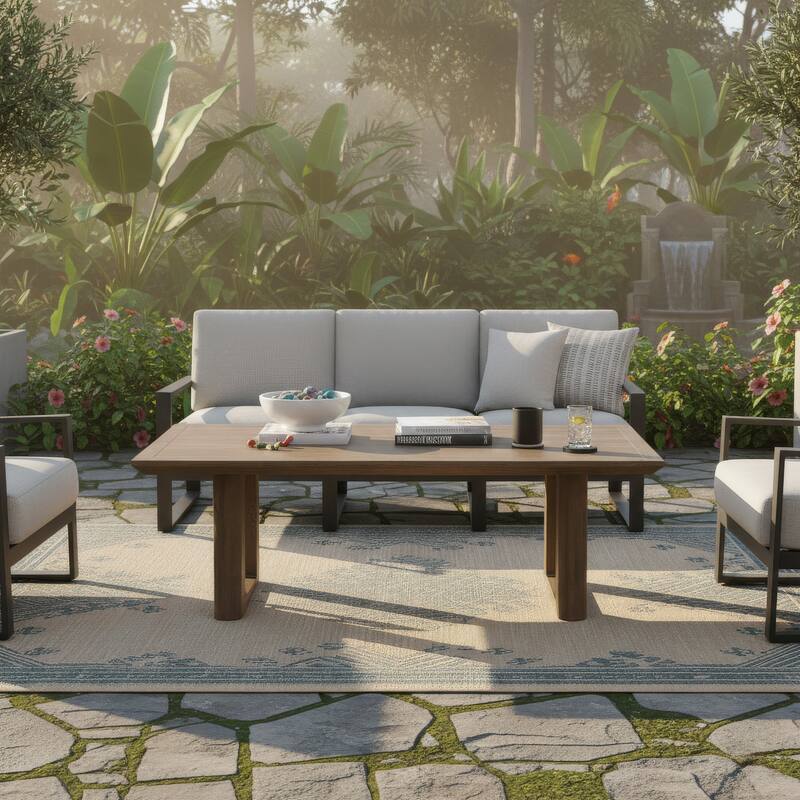 Baily Outdoor Cocktail Coffee Table, 49 Inch Woodlike Brown Metal