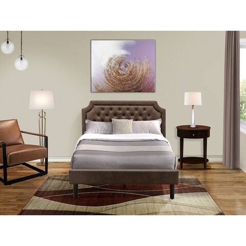 2-Pc Platform Bed Set with a Bed Frame and Antique Mahogany End Table - Dark Brown Faux Leather and Black Legs (Bed Size Option)