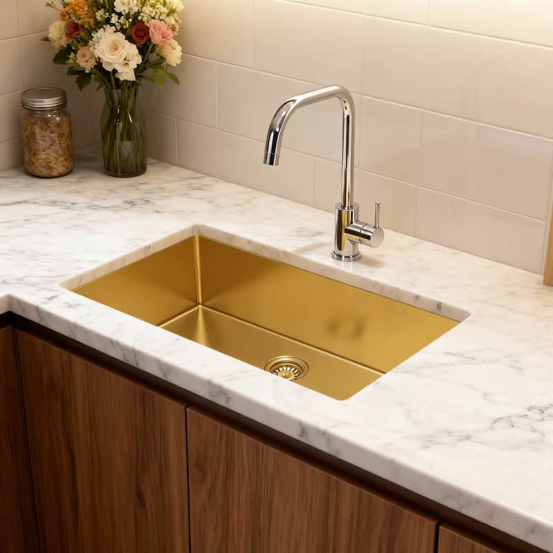 HomeRoots 10" X 33" Gold Stainless Steel Undermount Kitchen Sink - 33.00 in. x 10.00 in. x 18.00 in. - Gold - 33.00 in. x 10.00 in.  x 18.00 in.