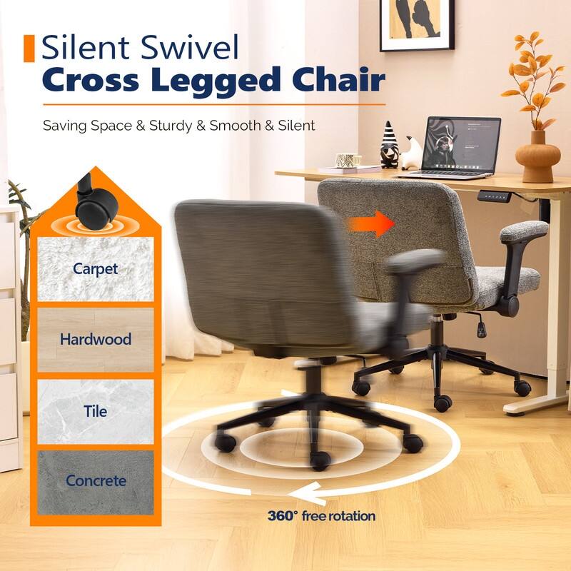 Chenille Swivel Chair With Adjustable Flip-Up Arms For Cross-Legged