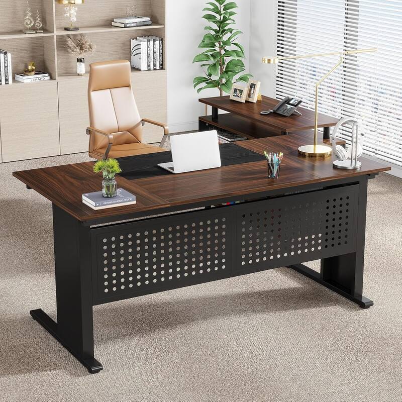 63'' Executive Desk, L Shaped Large Office Desk with File Cabinet