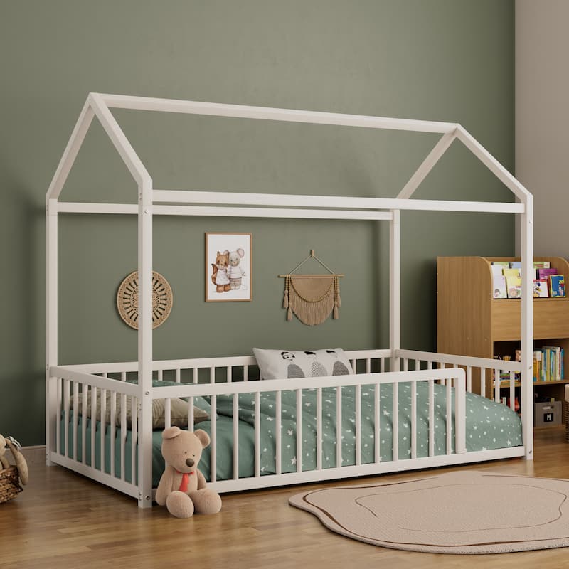 Montessori Metal House Bed with Low Entry & 3-Side Fence by Harper&Bright Designs - White - Twin