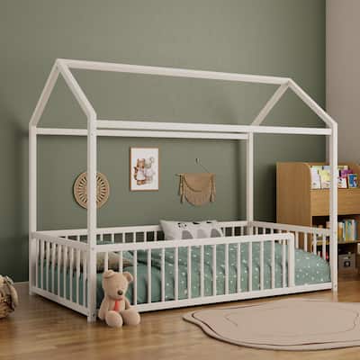 Montessori Metal House Bed with Low Entry & 3-Side Fence by Harper&Bright Designs