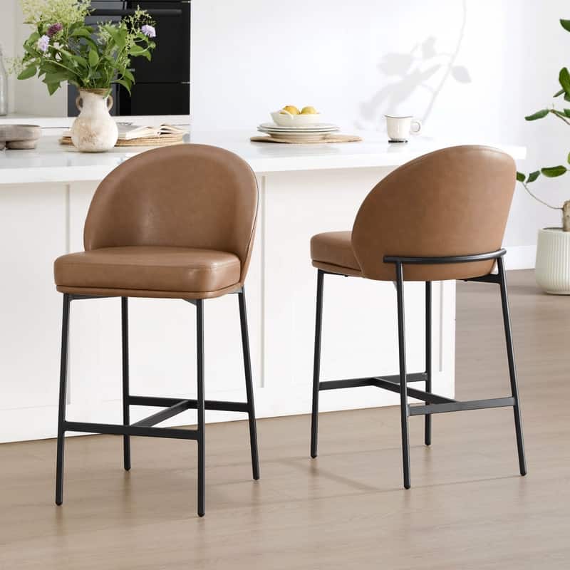 Spruce & Spring Upholstered Counter Bar Stool with Metal Frame - Set of 2 - Brown-Black Legs