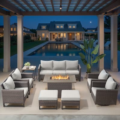 Outdoor Swivel Chairs Sofa Set with Fire Pit Table - Beige cushion - Brown
