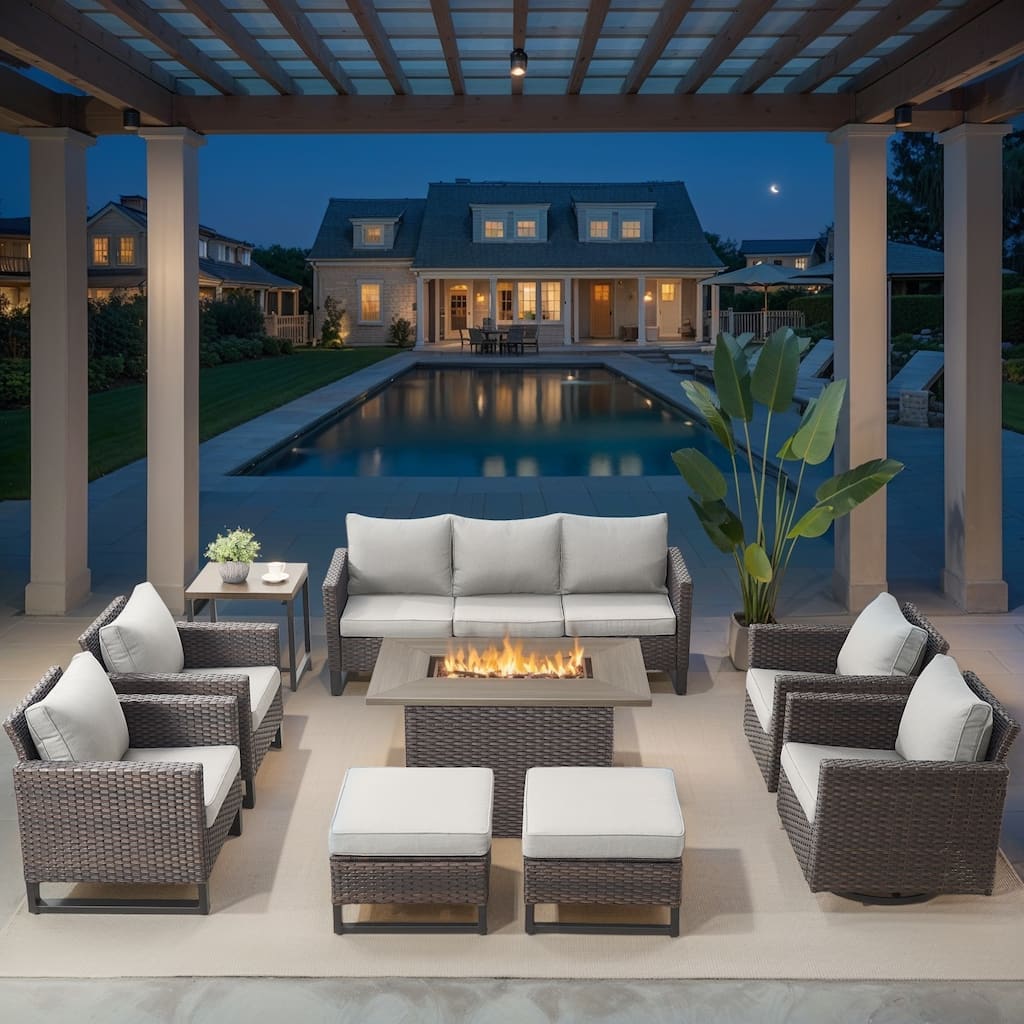 Outdoor Swivel Chairs Sofa Set with Fire Pit Table - Beige cushion - Brown