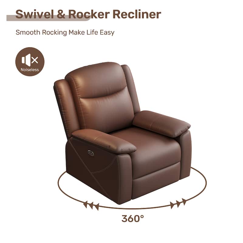 Rocker Recliner Chair with USB Charging Port, Swivel Sofa Chair with Overstuffed Cushion, Oversized Lounge Chaise Chair