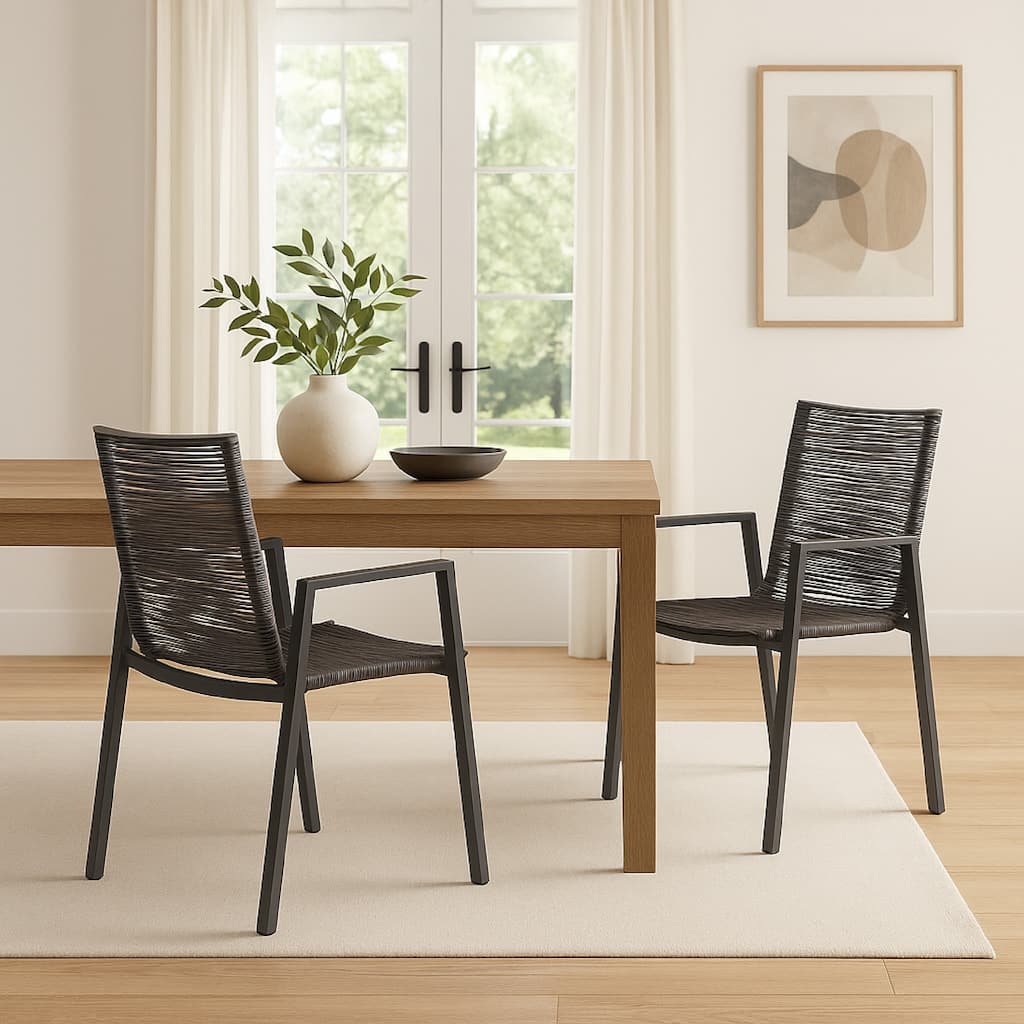 Teny Outdoor Dining Chair Set of 2, Dark Gray Metal. Woven Rope Seat Back