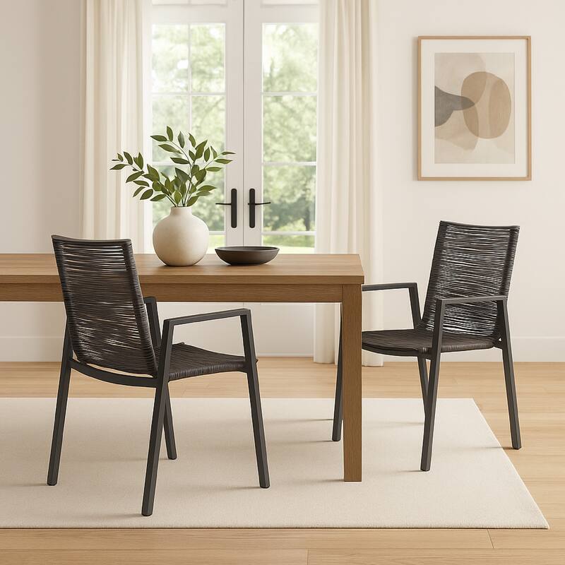 Teny Outdoor Dining Chair Set of 2, Open Back, Woven Rope, Dark Gray Metal