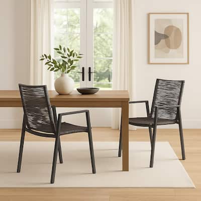 Teny Outdoor Dining Chair Set of 2, Open Back, Woven Rope, Dark Gray Metal