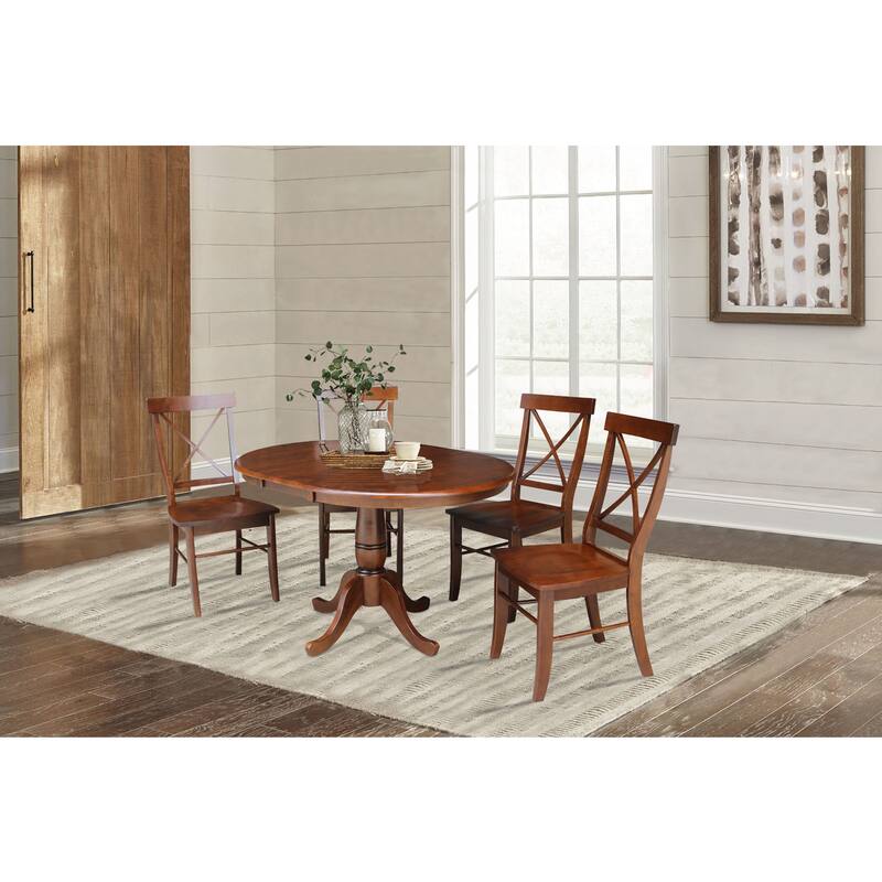 36" Round Top Pedestal Ext Table with 12" Leaf And 4 X-Back Chairs - Espresso- 5 Piece Set