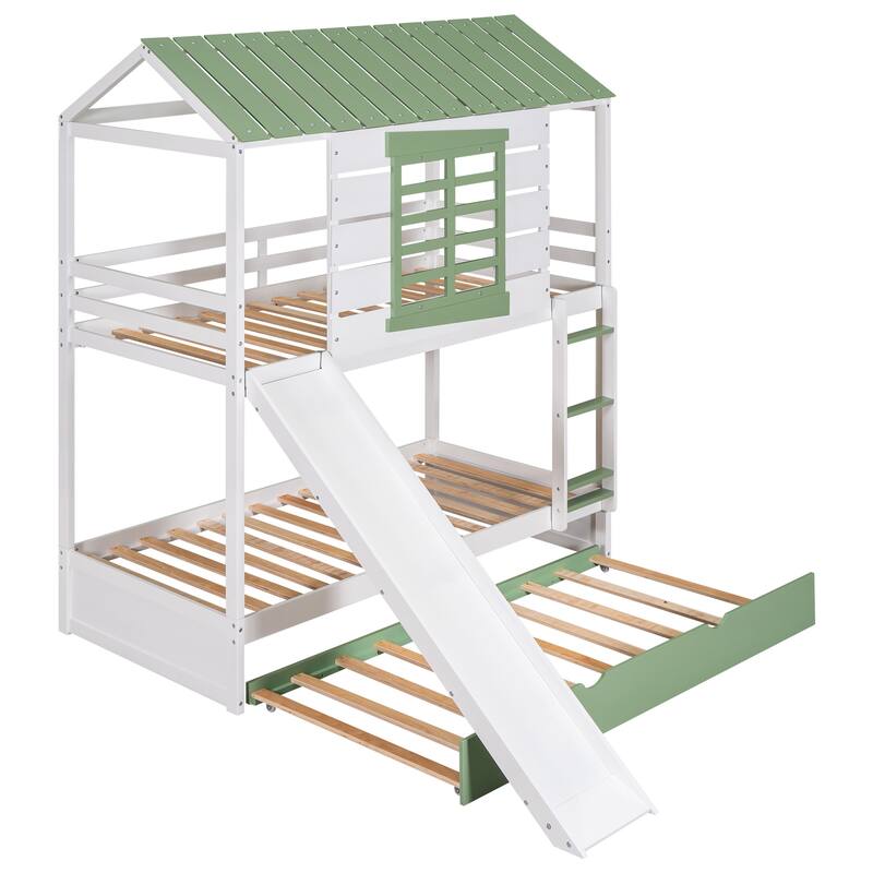 White+Green Twin Over Twin Pine House Bunk Bed with Trundle, Slide, and Windows