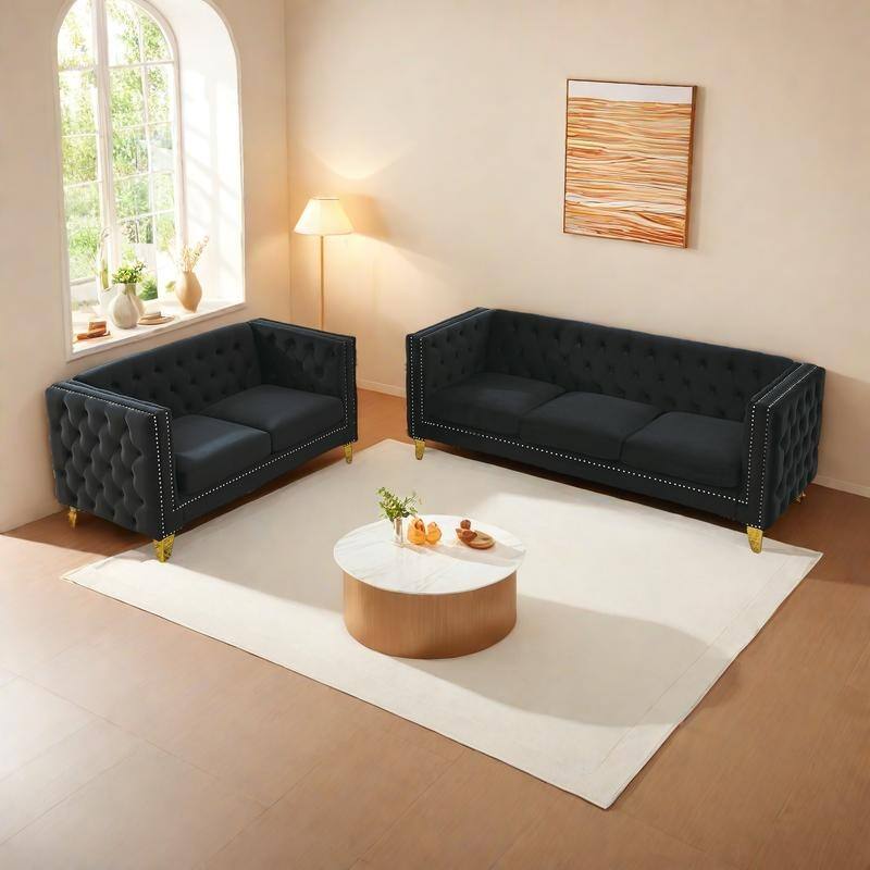 2-Pieces 5-Seat Velvet Sectional Sofa Set (3-Seater + 2-Seater) with Spring Cushions & Metal Legs - Black