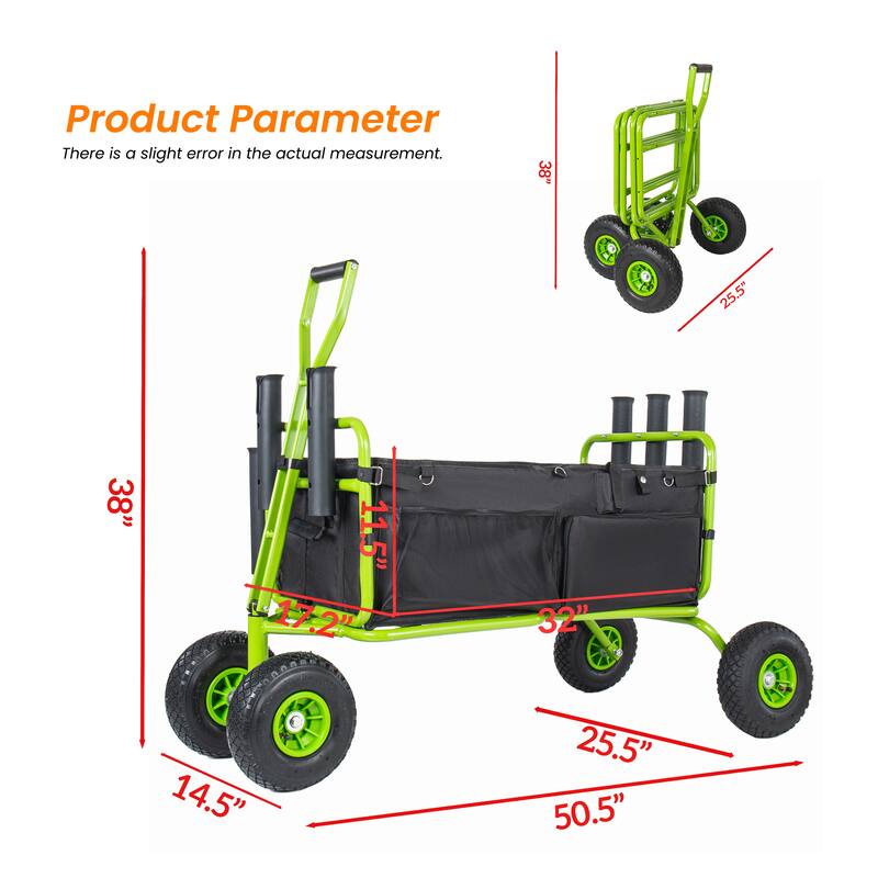 Beach Cart Collapsible Wagon 9.85"All-Terrain Wheels,Heavy Duty Garden Cart with Rod Holders,Umbrella Holder and Storage Pockets