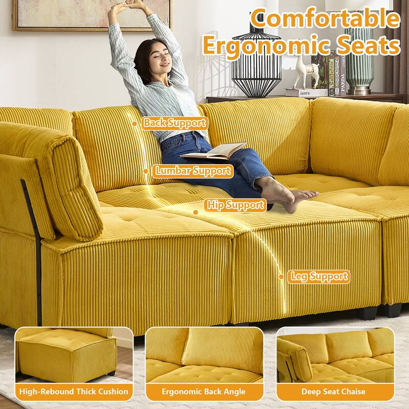 Ergonomic Lounge Modular Couch Corduroy Sectional Sofa with Deep Seat Ottoman Chaise and High-Rebound Thick Cushions