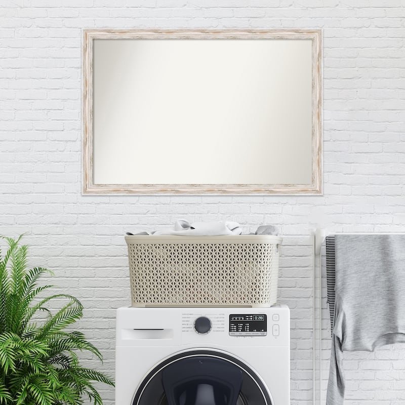 Non-Beveled Wood Bathroom Wall Mirror - Alexandria White Wash Narrow Frame - Alexandria White Wash Narrow