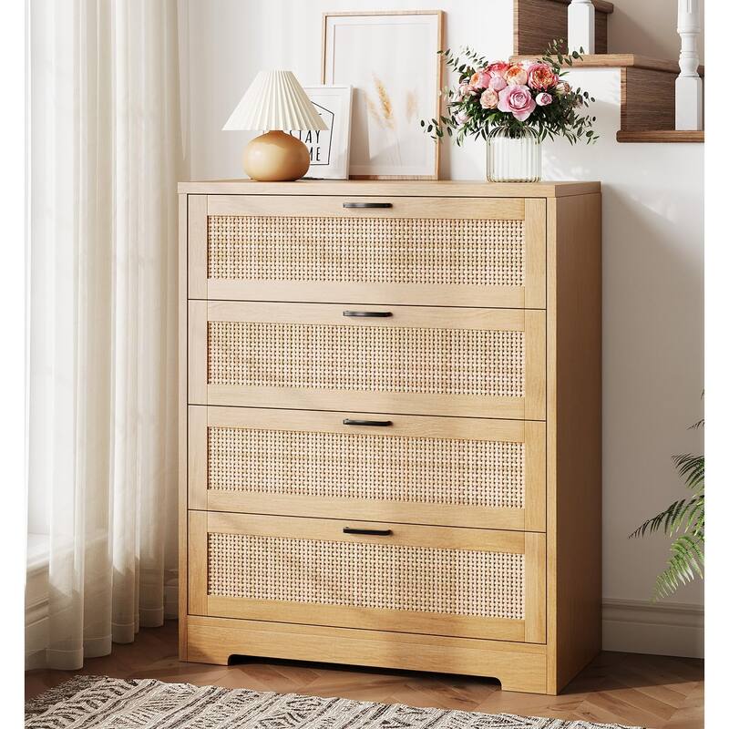 4/5 Drawer Rattan Dresser for Bedroom, Wood Dresser Chest of Drawers with Power Outlets