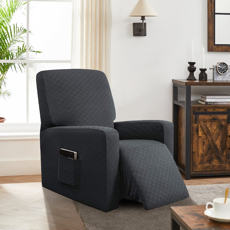 Enova Home Ultra Soft Rhombus Stretch Fabric Recliner Slipcover with Elastic Bottom Side Pocket - Grey