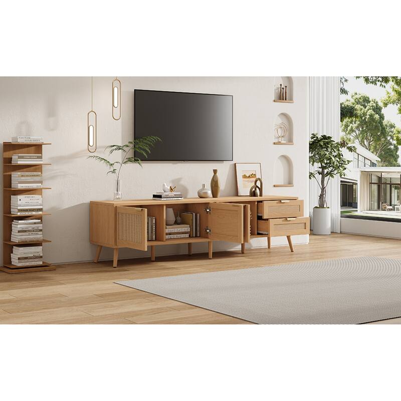 Roomfitters 70 Inch Rattan TV Stand for TVs up to 80 Inch, Modern Media Console with 2 Drawers & Cable Management, Natural