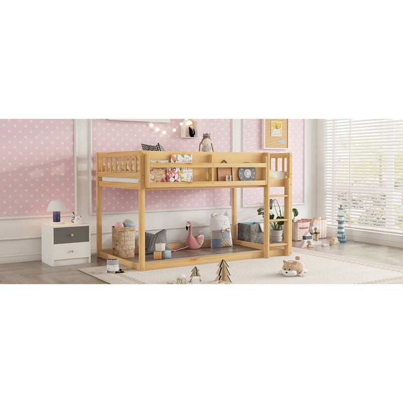 Roomfitters Twin Over Twin Bunk Bed, Low Floor Loft Platform Bed and Shelf with Wooden Frame for Bedroom