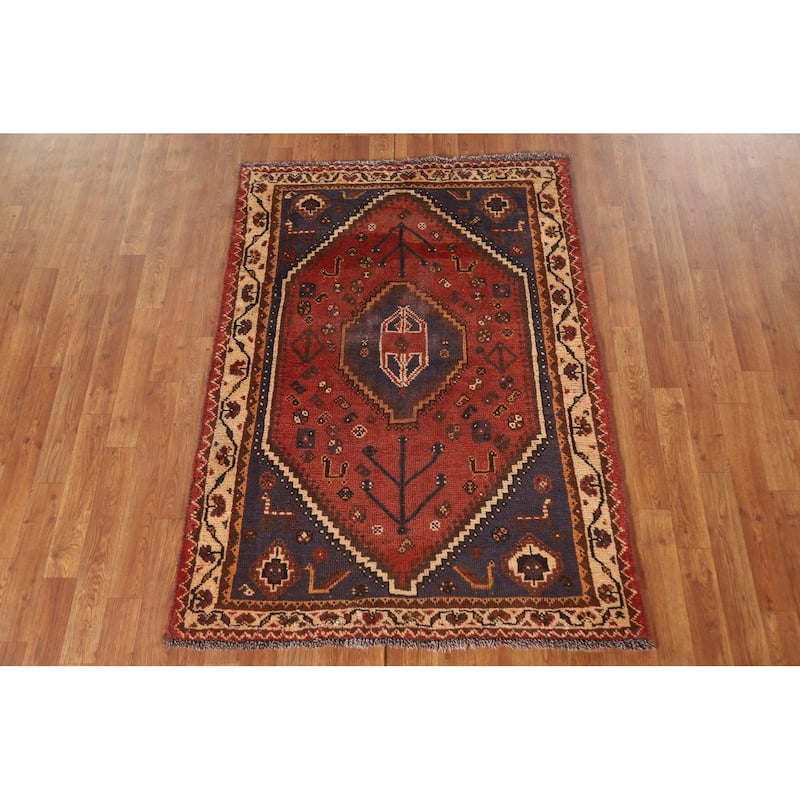 Qashqai Persian Vintage Area Rug Hand-knotted Wool Carpet - 3'7"x 5'0"