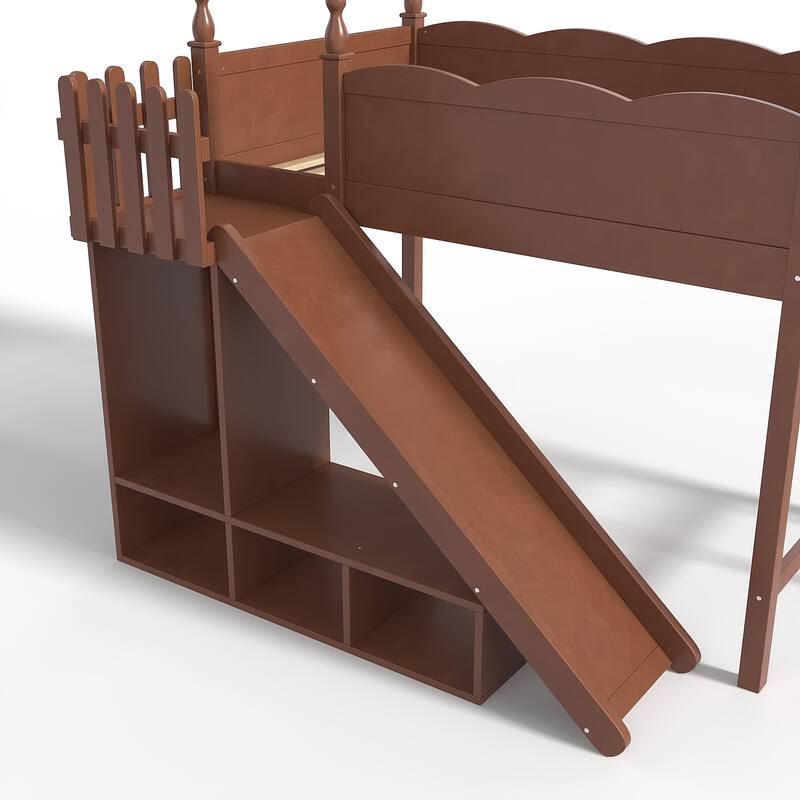 Twin Loft Bed with Storage Shelves and Wardrobe, Solid Wood Loft Beds with Detachable Slide and Ladders, No Spring Box Needed