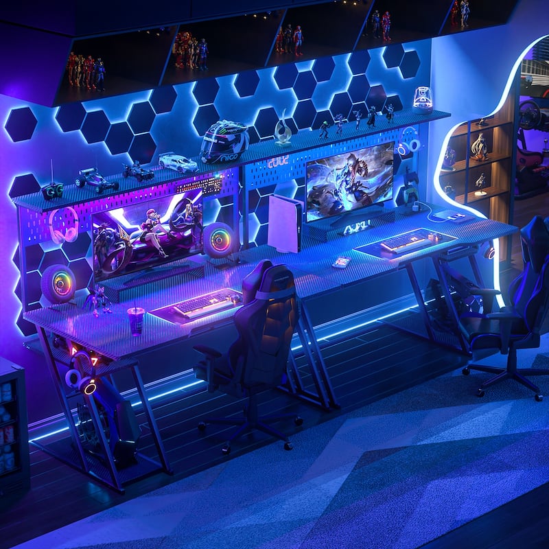 Gaming Desk with Hutch and LED Lights, Computer Table with Storage Shelves