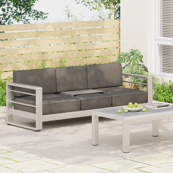 slide 2 of 9, Cape Coral Outdoor Cushioned Aluminum Sofa with Tray by Christopher Knight Home Grey