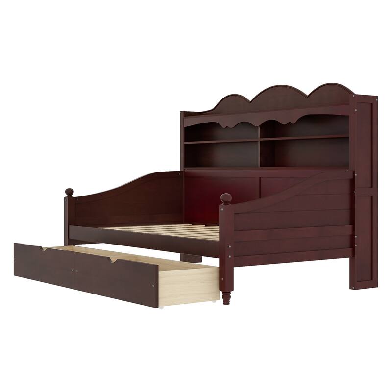 Twin Daybed with Storage Drawers and Headboard Shelving Wooden Frame