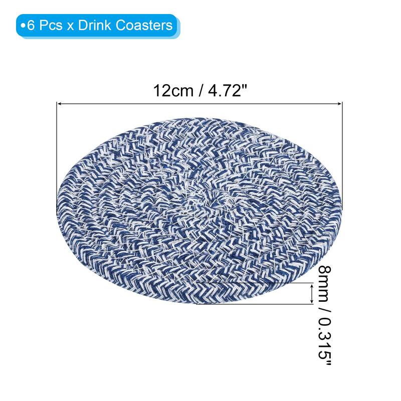 Absorbent Drink Coasters, 6Pcs 4.7" Handmade Woven Coaster Cotton - Blue White
