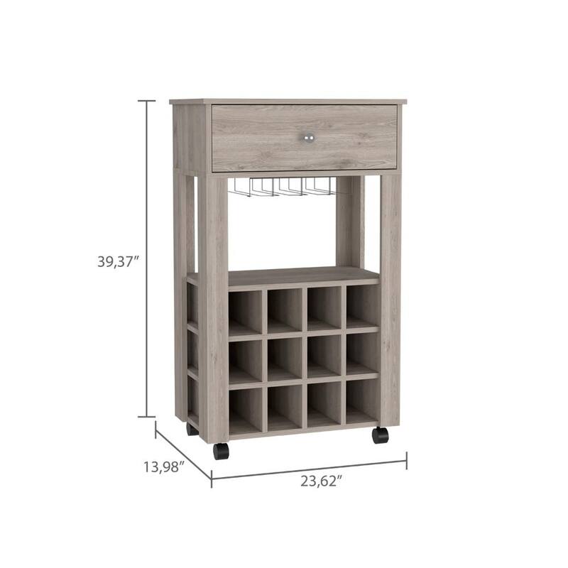 FM Furniture Ace Bar Cart with 12 Built-in Wine Rack, Casters, and Drawer