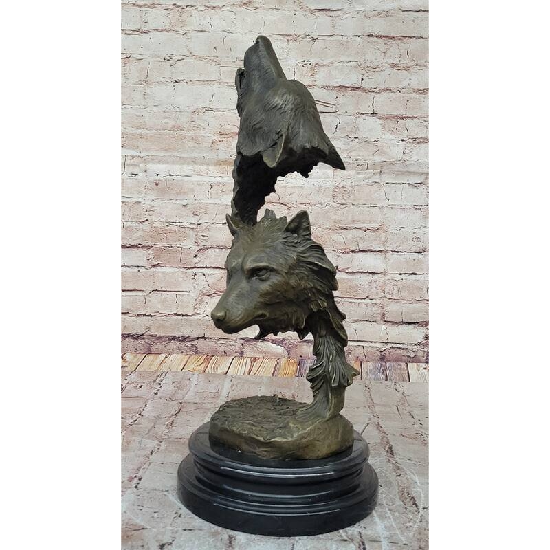 Howling Wolves Bronze Sculpture – Striking Dual Imitative Wolf Heads On Marble Base