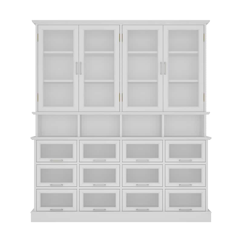 Large Kitchen Pantry Cabinet with Glass Doors and Bottom-Pull Drawers