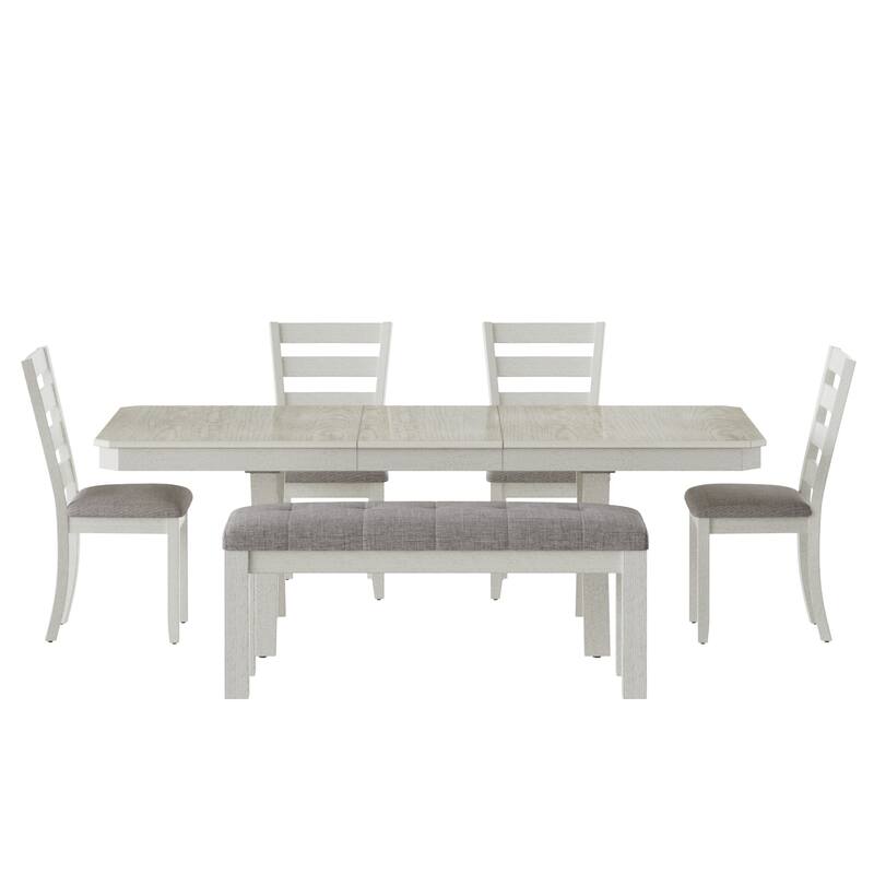 VECELO Dining Table Set with Bench, Solid Wood Rectangular Extendable Dining Table and Chairs Set for 6-8