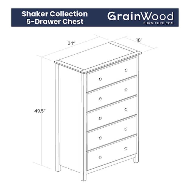 Grain Wood Furniture Shaker 5-drawer Solid Wood Chest