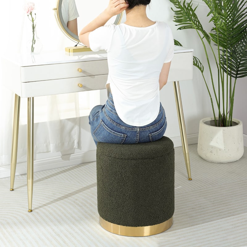 Adeco Velvet Round Storage Stool Gold Plating Base Storage Ottoman