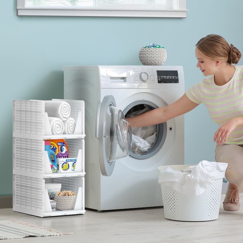 Sorbus 3 Pack Large Closet Shelf Organizer - Foldable and Stackable Storage Baskets - Easy Access Open Front Design