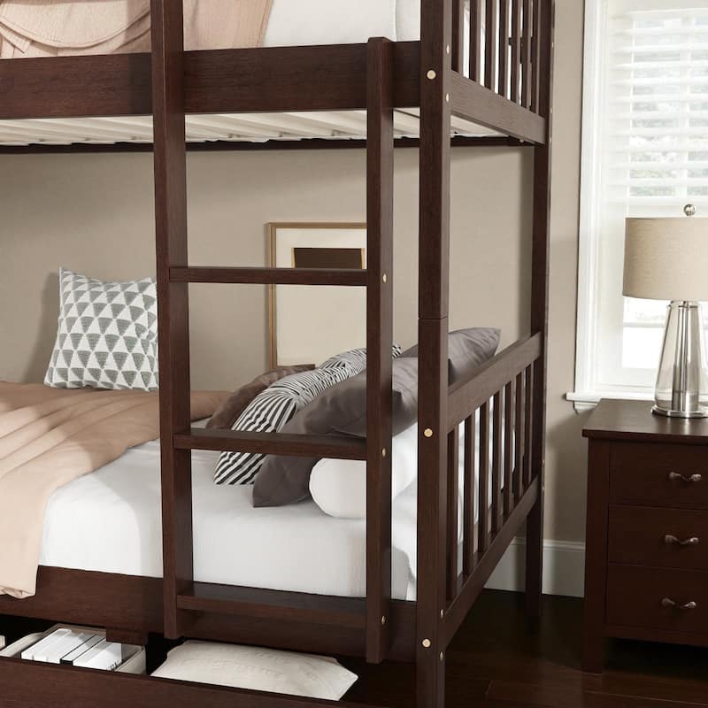 Twin Over Twin Rubber Wood Bunk Bed with 2 Drawers, Convertible into 2 Twin Beds, Ladder and Safety Guardrails