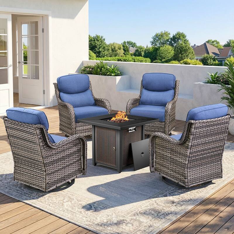 Pocassy 30 In Outdoor Fire Pits with Patio Sofa Swivel Glider Chari Furniture. - Gray Wicker Blue Cushion - 5-Piece Swivel Chair w/ Fie Pit Table