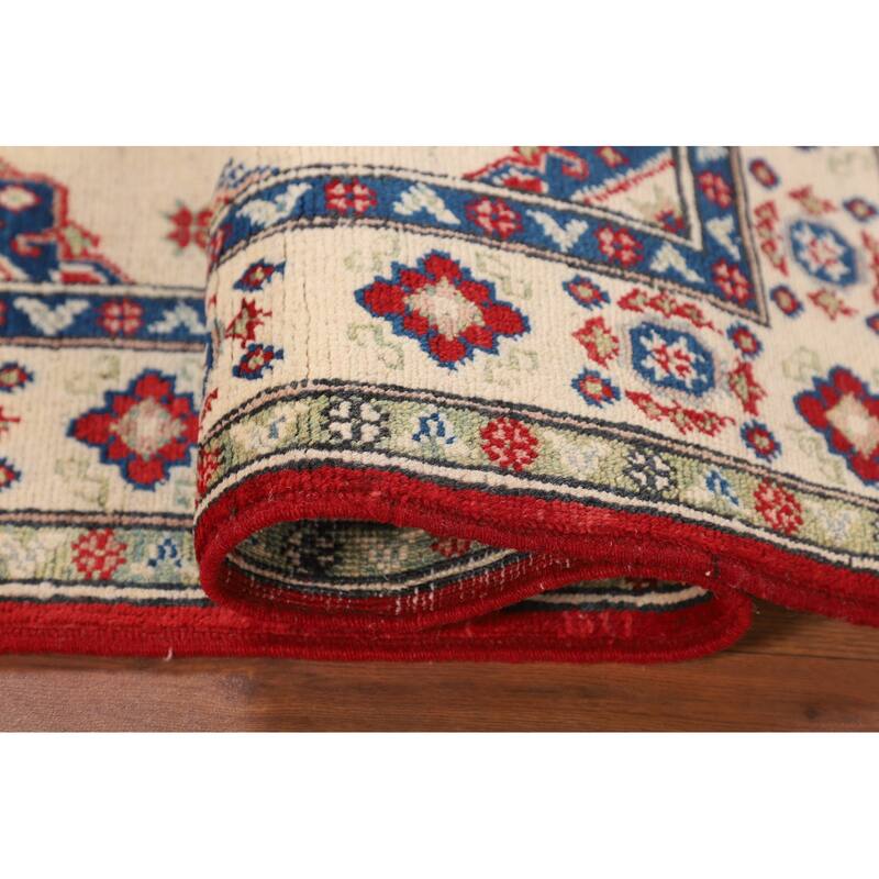 Beige / Ivory Geometric Kazak Accent Rug Hand-Knotted Wool Carpet - 2'9" x 3'10"