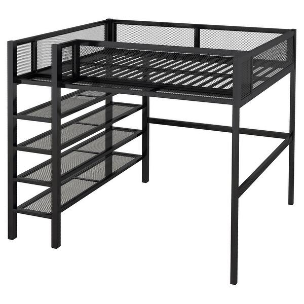 slide 2 of 14, Metal Loft Bed with Guardrail and 4-Tier Shelves,Black - Full Black - Full
