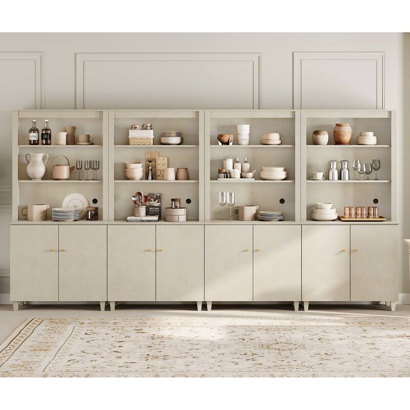 Modern 71" Tall Pantry Cabinet with Doors & Shelves for Dining Room - 8 Doors - Beige Linen Printed