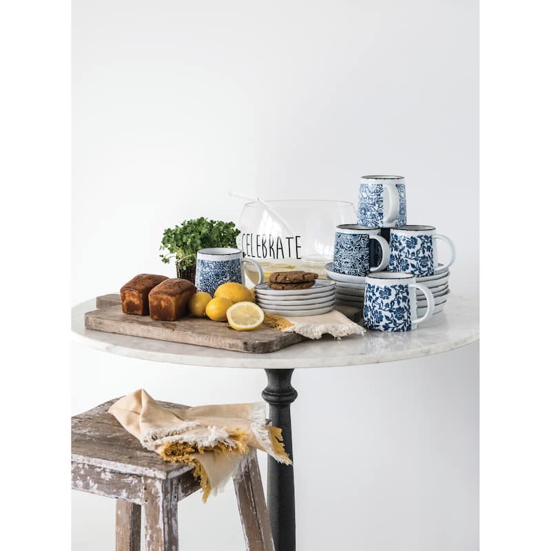 Blue & White Hand-Stamped Stoneware Mug with Gold Rim (Set of 3 Patterns)