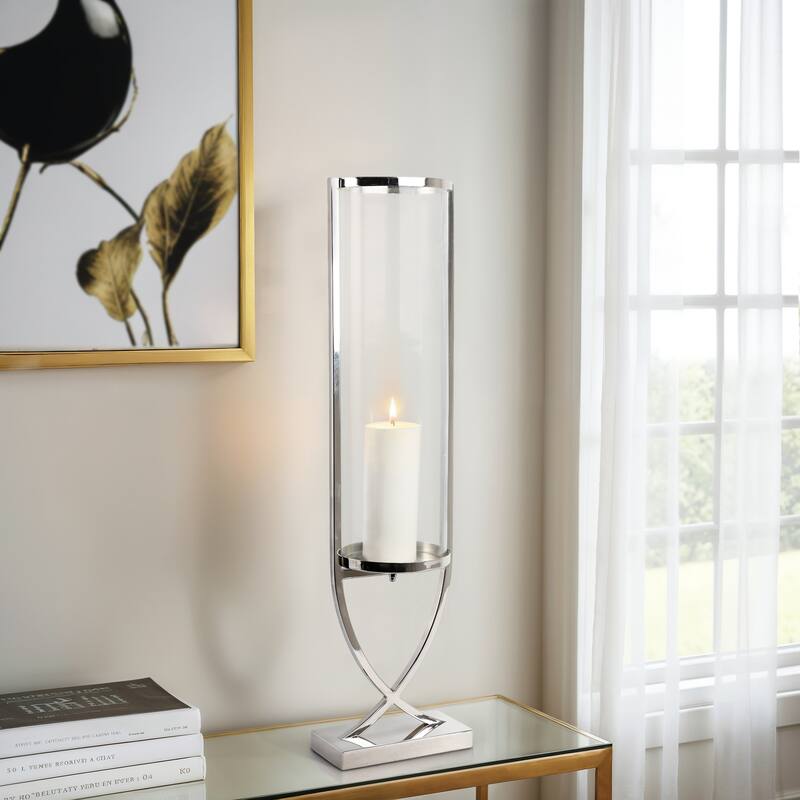 Modern Glass Pillar Candle Holder Decorative Lantern with Steel Frame - Silver/ Metallic - 8" x 6" x 31"