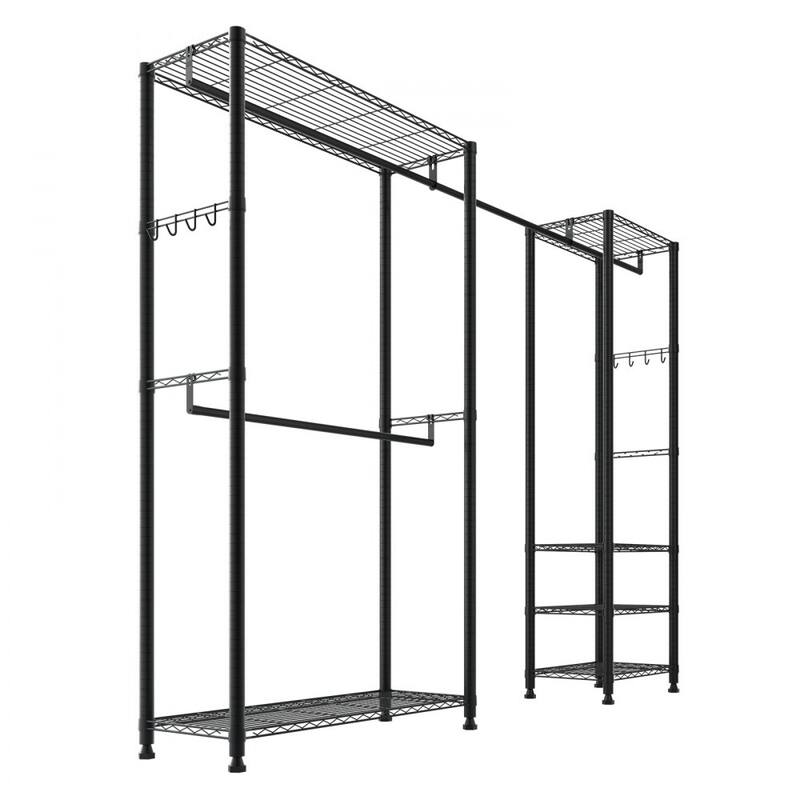 Black Adjustable Garment Rack with 6 Storage Shelves and Telescopic Rods for Clothing and Bags - 96.06” x 14.96” x 71”