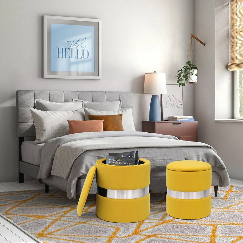 Adeco Set of 2 Velvet Storage Ottoman Round Foot Stool Metal Band