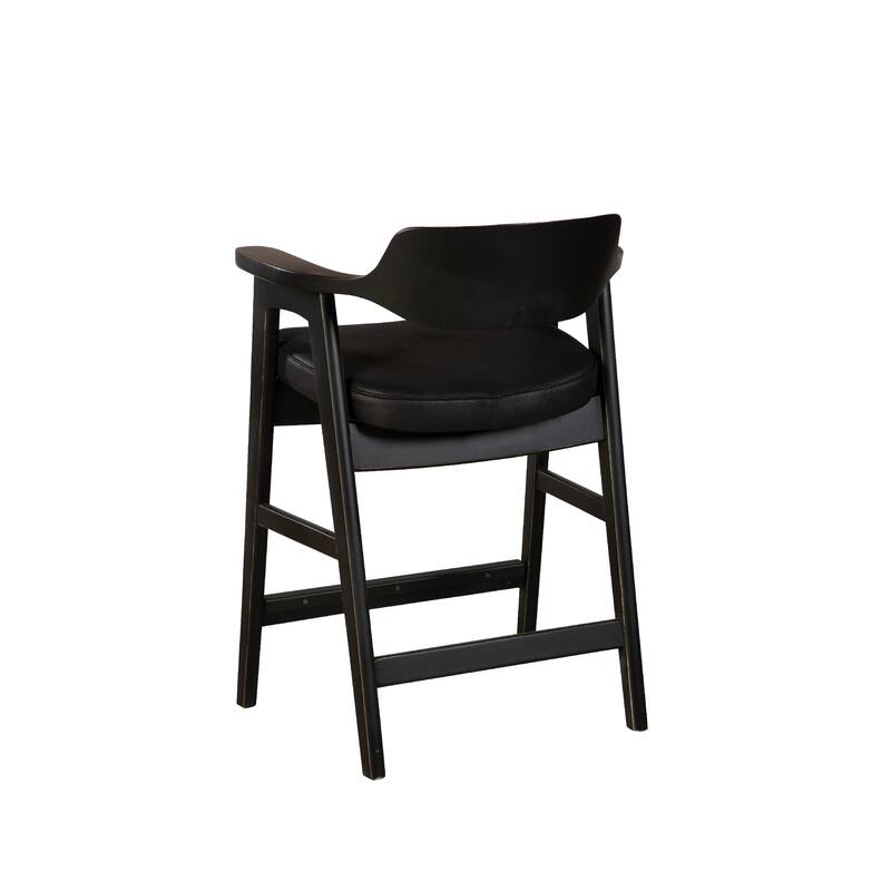 Zsy Counter Stool Chair, Open Back, Black Birch Wood and Faux Leather