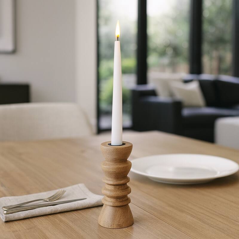 Mango Wood Modern Totem Carved Taper Holder - Tan