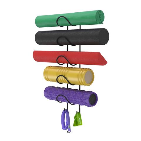 Wallniture Moduwine Yoga Mat and Foam Roller Holder, Towel Rack with Hooks, 5-Sectional, Black