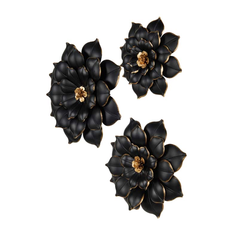 Metal Floral 3D Wall Decor with Gold Center - Set of 3 Black - Roche River Decor